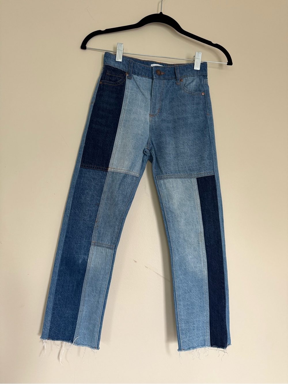 RSQ Patchwork Girls Straight Leg Jeans Medium Wash Sz 8 Raw Hem Colorblock
Panel